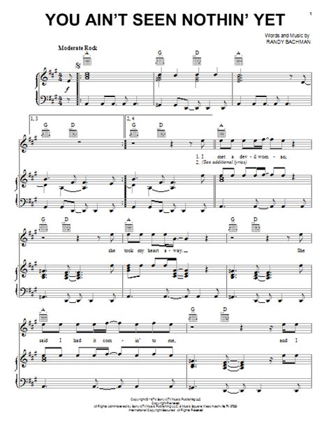 Free Sheet Music You Aint Seen Nothing Yet Bachman Turner Overdrive